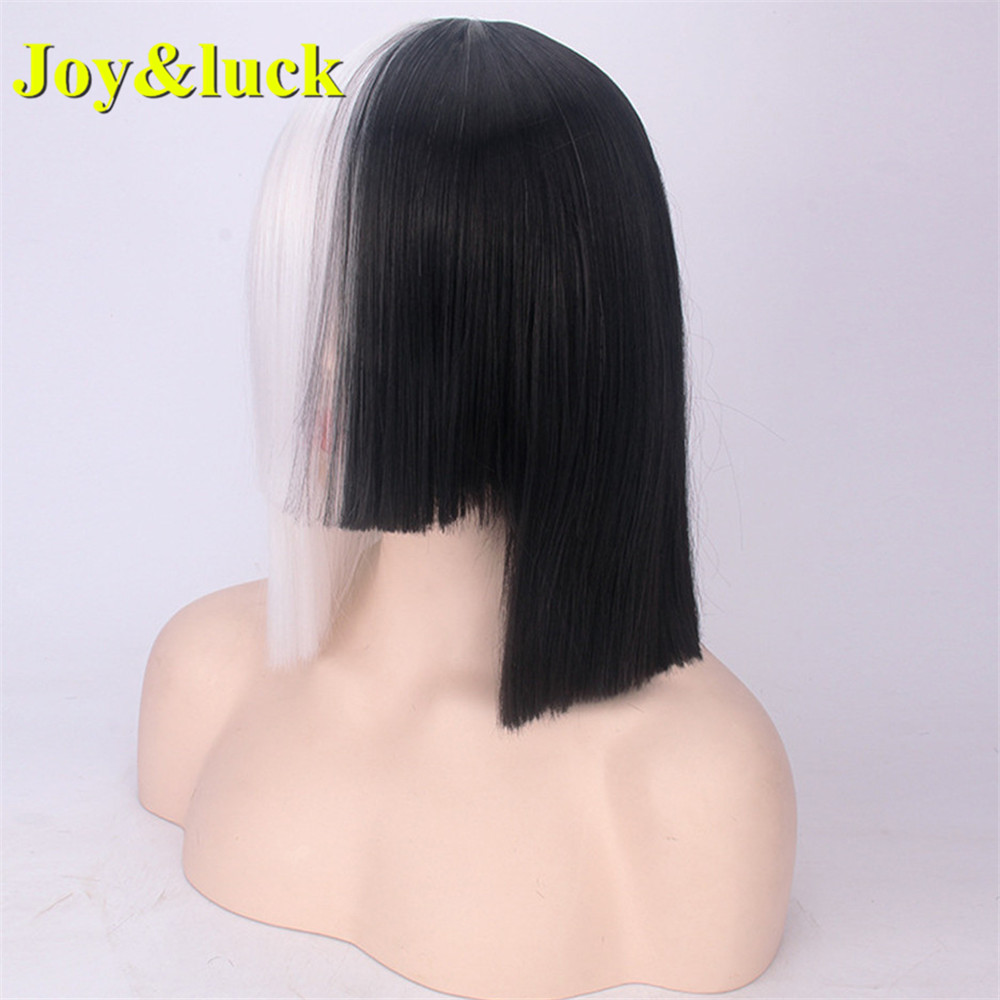 Half Black Half White Party Wig for Women With Bangs wholesale Natural Straight Short Bob Cut Wig Cosplay Synthetic Hair Wig