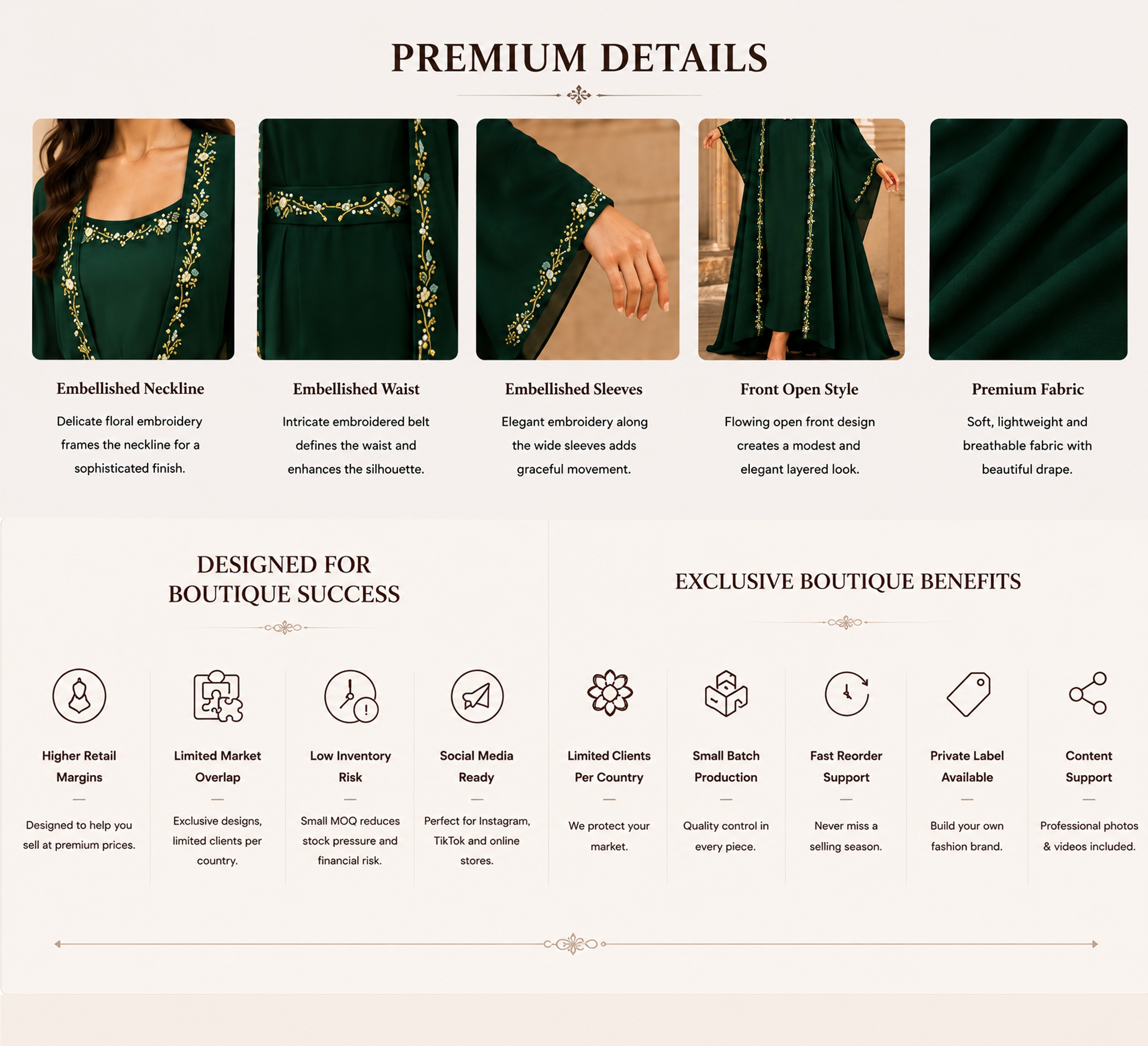 جزئیات طرح عبای باز زمرد دوزی شده Design details of emerald green embroidered open abaya with gold embroidery