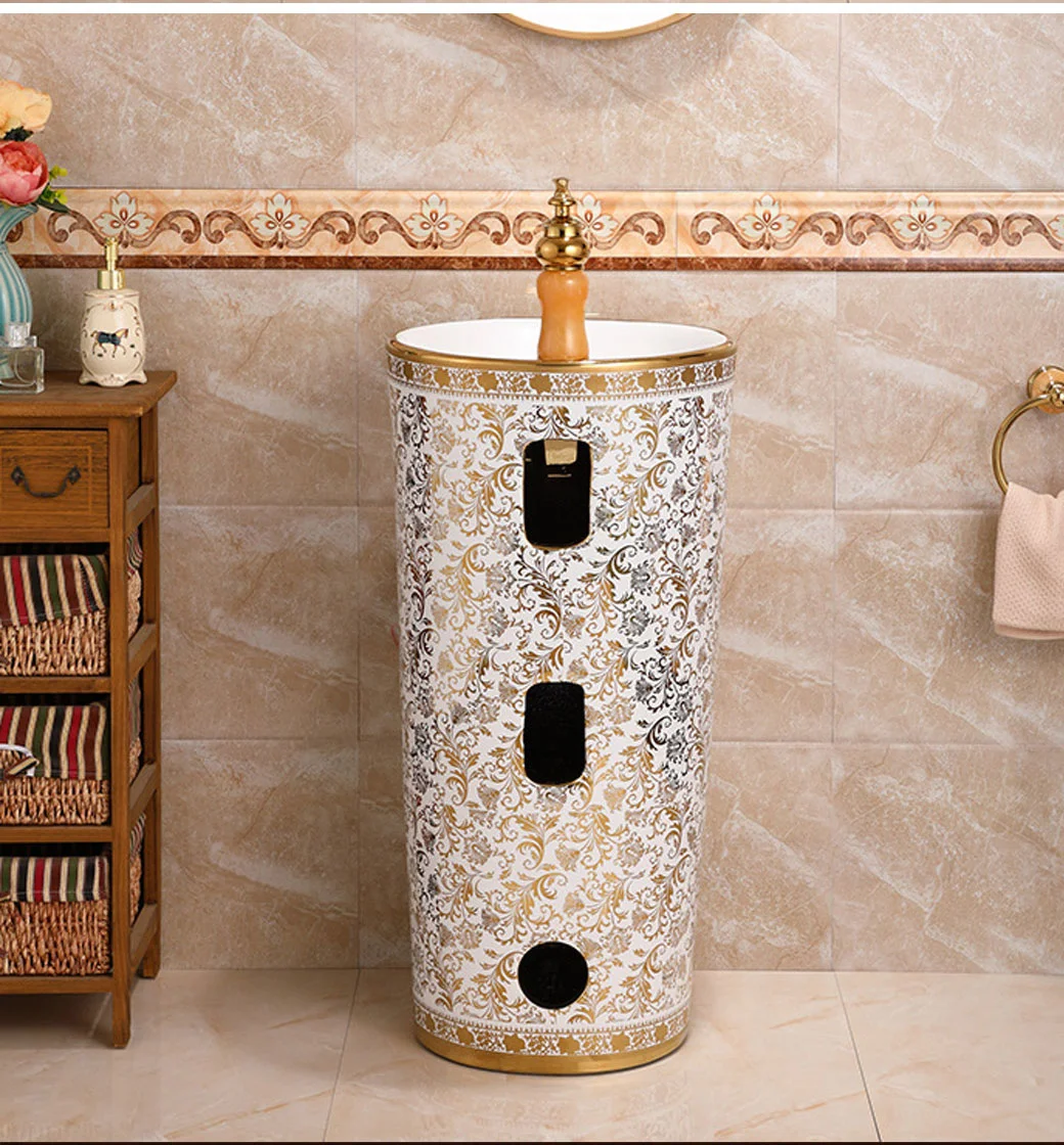 European-Style Golden Washbasin One-Piece Ceramic Pedestal Washbasin Floor-Standing Washbasin