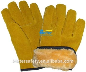 Mens Yellow Cow Split Leather Glove Fur Lined
