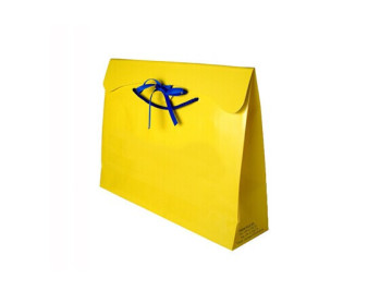 ribbon closure paper bag ,glossy yellow paper shopping bag ,yellow paper gift bag