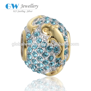 Elegant Rhinestone 925 Sterling Silver Ball Charms Gold Plated Charms