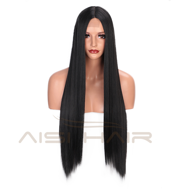 Aisi Hair Long Silky Straight Middle Part Black Cosplay Party Wig Lace Front Synthetic Fiber Hair Wigs For White Black Women