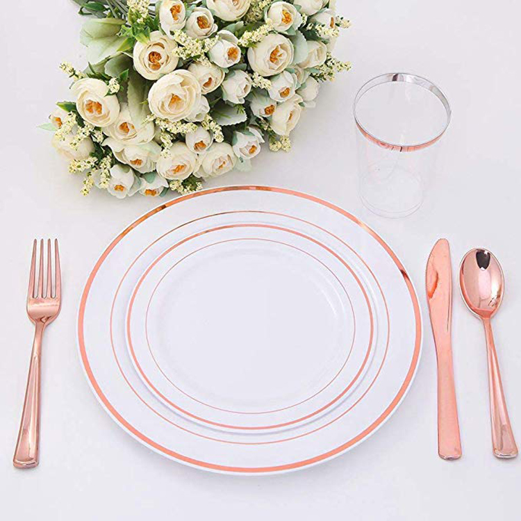 300 Plastic Silverware Set, Rose Gold Plates & Cutlery Set, Rose Gold Plastic Utensils