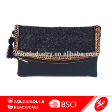 Chain Trimmed Glitter Foldover PU Clutch Bag With Tassel
