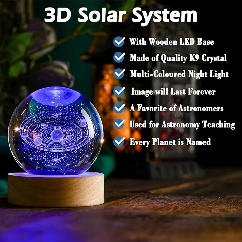 Star Planet Crystal Ball Night Light with LED Wooden Base Lamp
