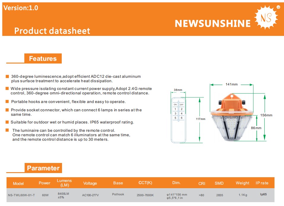 60W Outdoor Construction light Led Temporary work Lighting Ip64 Waterproof String Lights for jobsite