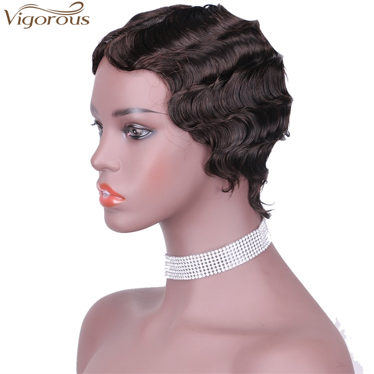 Vigorous 100% Raw Real Human Hair Finger Wave Wig Pixie Cut Black Short Curly Wigs for African American Women