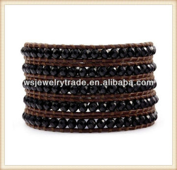 Bracelet Making Supplies Leather Bracelet,Black Onyx Wrap Bracelet on Brown Leather