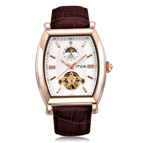professional company skeleton automatic mechanical leather wrist watch