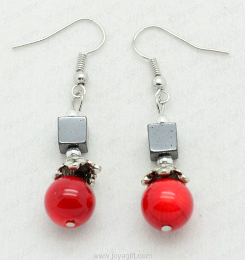 Boucle d&#39;oreille en hématite Red Coral Square Beads