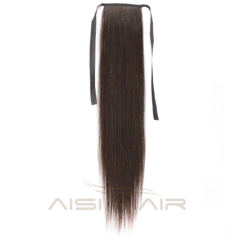 Aisi Hair Human Hair Straight Ribbon Ponytail Extensions Brown Color Ponytail Malaysian Human Hair Ponytail for Women