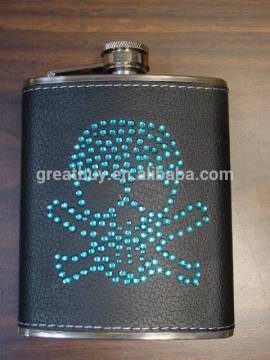 hip flask with diamond shining logo / mini hip flask with pu warp/7oz