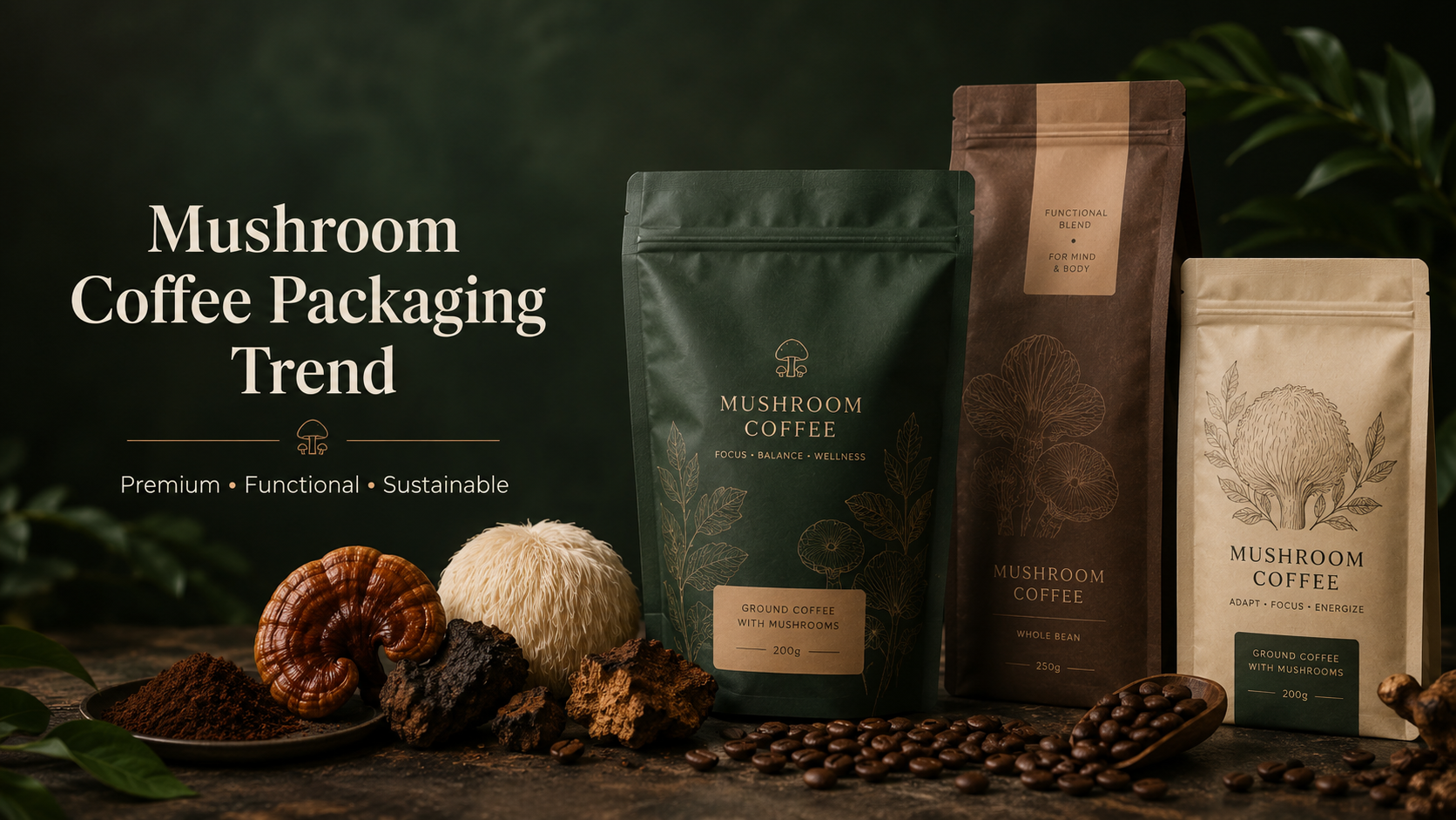 Тенденция упаковки кофе с грибами Mushroom coffee packaging trend