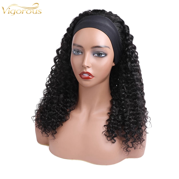 Wholesale Black 20 Inch Body Wave Cheap Women's Raw Brazillian Real Human Hair Half Wigs With Ice Silk Headband Clipin Curly