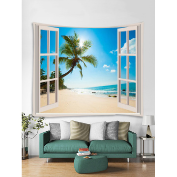 Tapestry Wall Tapestry Wall Hanging Windows Beach Sea Ocean Series Tapestry Tropical Style Sunrise Coconut Tree Tapestry for Bed