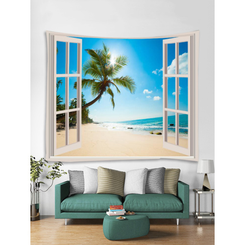 Tapestry Wall Tapestry Wall Hanging Windows Beach Sea Ocean Series Tapestry Tropical Style Sunrise Coconut Tree Tapestry for Bed