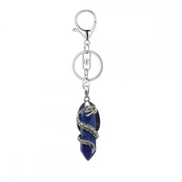 Gemstone Double Hexagonal Prism Wrapped Silver Dragon Stone Key Chains Vintage Crystal Dragon Charm Keychain Key Ring Gift