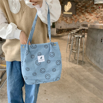 Custom Printed Reusable Smiley Canvas Corduroy Tote Bag