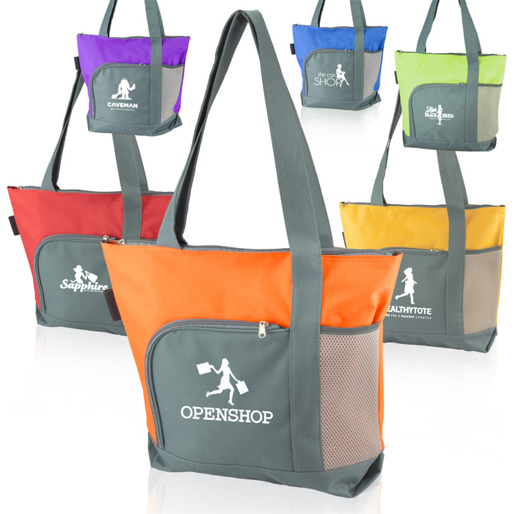 Custom Trade Show διαφημιστικό 600D πολυεστέρα καμβά tote δύο τόπο φερμουάρ tote τσάντα με προσαρμοσμένο τυπωμένο λογότυπο