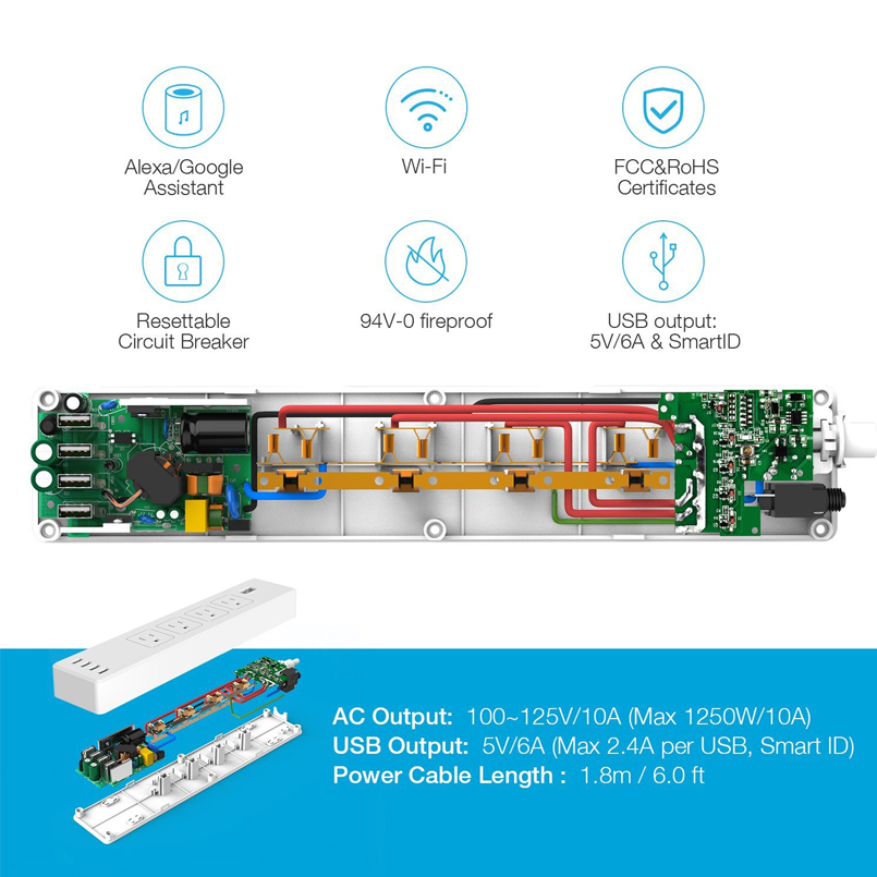 4 Outlet 4 Charging Port Extension Cord Power Strip Wifi Power Strip Smart Power Strip With USB