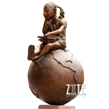 Customized outdoor children statue bronze girl sitting globe sculpture