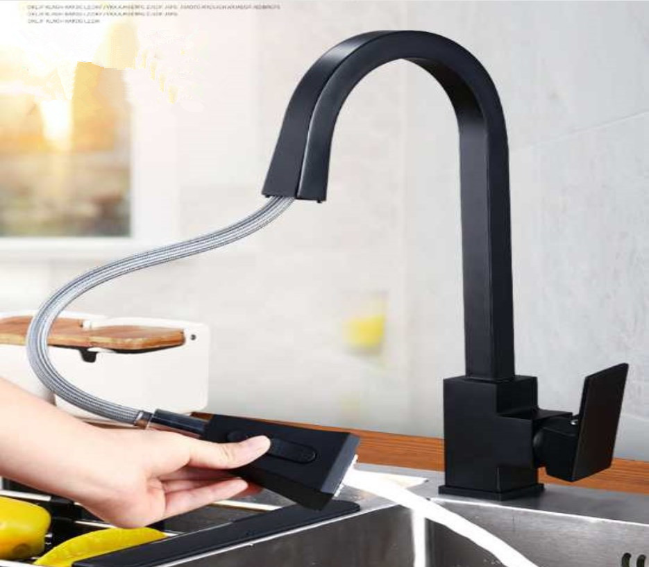 Stainless/Brass Black Kitchen Faucet with Pull Down Sprayer Lead-Free Single Handle