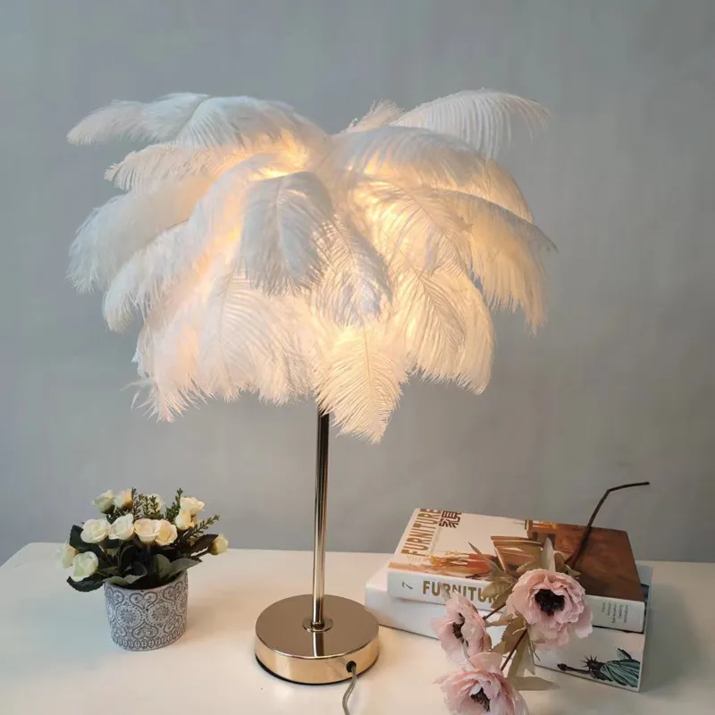 Modern Luxury Ostrich Feather LED Lamp for Elegant Bedrooms