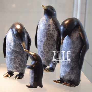 Small metal brass statue bronze penguin family sculpture