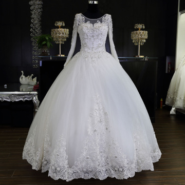 Pure white long sleeve luxury wedding gown crystal wedding dress real sample wedding dress bridal gown