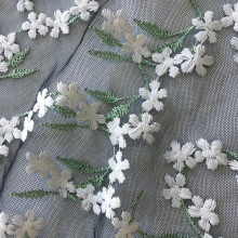 Green Leaves Embroidery Fabric On Black Mesh