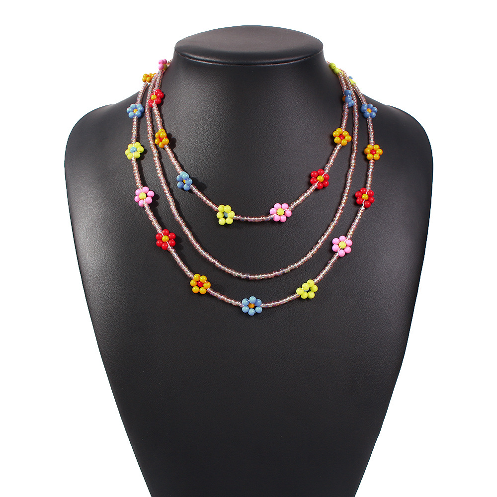 Handmade Flower Colorful Bead Three Layer Necklace Bohemian Necklace For women