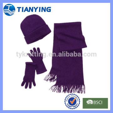 Purple cashmere knit scarf glove and hat set