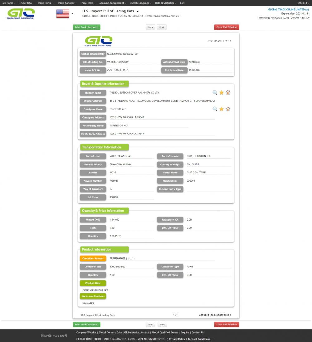 DIESEL GENERATOR SET의 US Import Custom Data