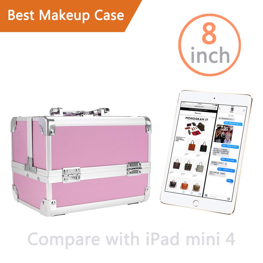 Portable Makeup Train Case,Aluminum Makeup Organizer Jewelry Cosmetic Box with 2 Trays, Mirror and Key Lock Pink