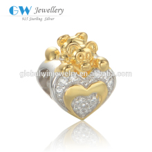 Wholesale Gold Plated 925 Silver Charms Zircon Heart With Crown Bracelet Charms
