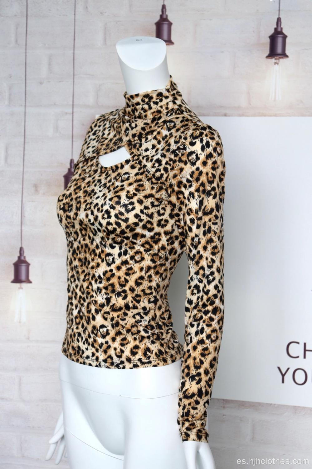 Top de manga larga con estampado de leopardo sexy para mujer