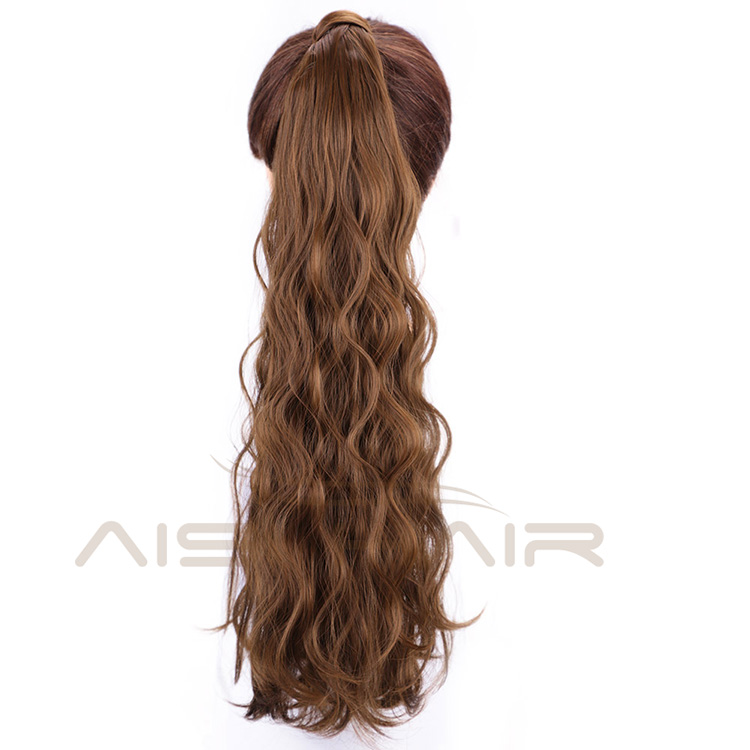 Aisi Hair Heat Resistant Synthetic Fiber Ponytail Hair Extensions Brown Long Wavy Pony Tail Clips In Hairpieces