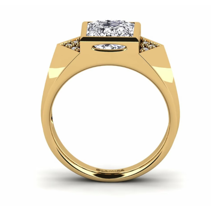 Vista frontal del anillo para hombre FLR-148 con detalles triangulares empotrados en los hombros