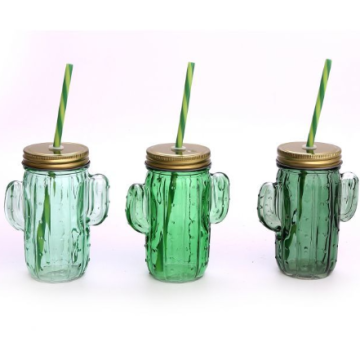 Glass Cactus Mason Jar with Lid and Straw