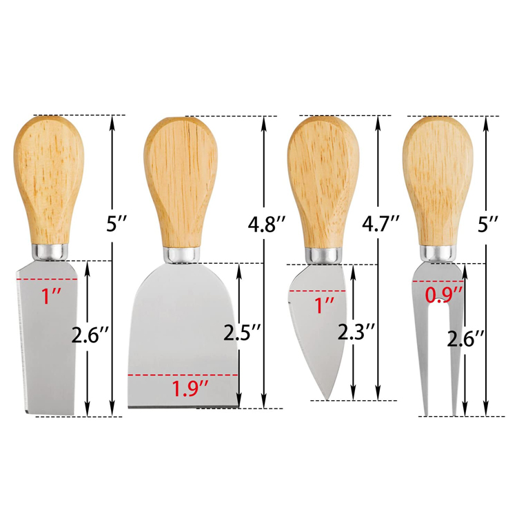 Yuming Factory 4pcs Unique Cheese Knife Tool Set Wood Bamboo Handle Stainless Steel Cheese Knife Set for Cheese Pizza