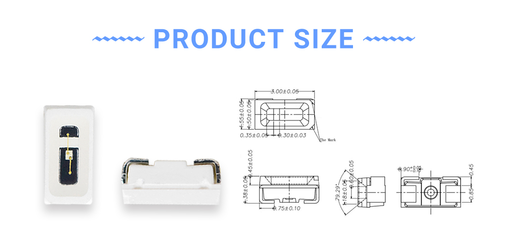 Size of 3015BC46D2L14 High bright Blue 460nm LED Emitters 3014 Side View LED