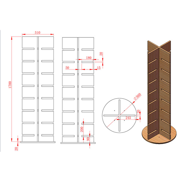 Wood & Acrylic 4 Sided spinning Floor Magazine bookshelf spinning rack 6 Shelf Floor Standing Spinning Display