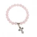 Asli Rose Quartz Chakra Gemstone 8MM Round Beads Charms Gelang dengan Cross Alloy