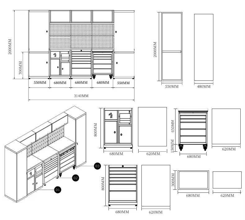Heavy-Duty Modular Tool Cabinets Garage Workstations Storage Cabinet with Integrated Tool Organizers and Durable Storage Systems