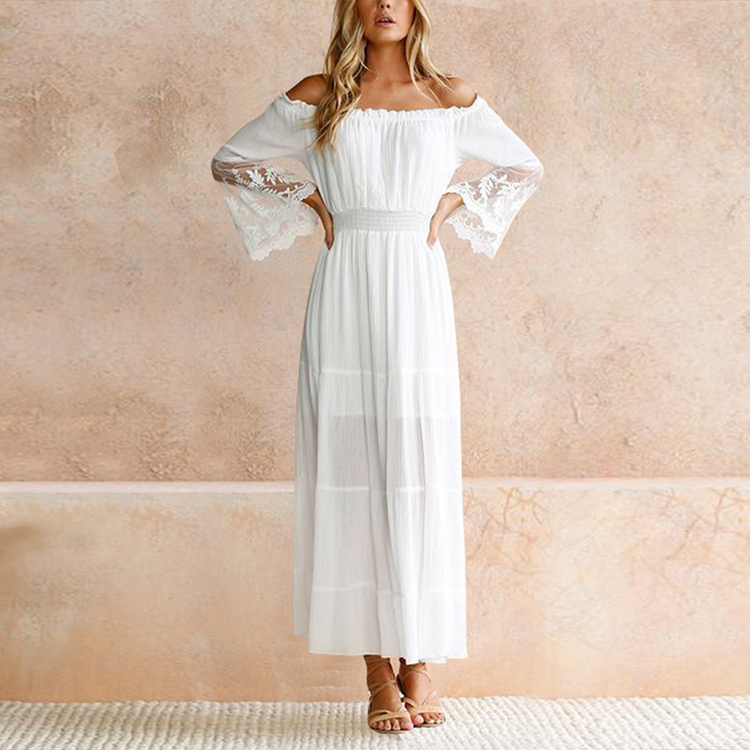 Best Quality White One Word Shoulder Lace Patchwork Sleeve Long One Piece Casual Dress