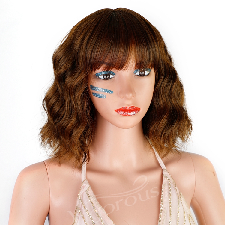 High Quality Wholesale Cheap Price Wavy Bob Wig with Bangs for Women Brown Color Synthetic Heat Resistant Fiber Hair for Women