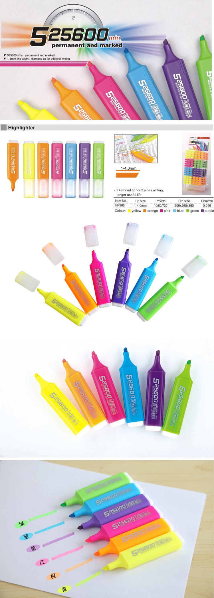 Comix New Arrival 3 Sides Writing Multi Colored Highlighter Pen