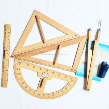 Geometric Math Tools: Wooden Protractor, Triangle Ruler, and School Stationery
