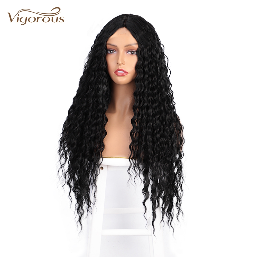 Vigorous Cheap Price Long Jerry Curl Black Heat Resistant Fiber Middle Part Natural Hairline For Black Women Synthetic Hair Wigs
